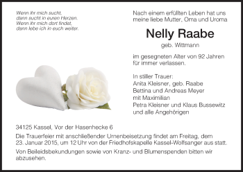 Todesanzeige von Nelly Raabe von HNA