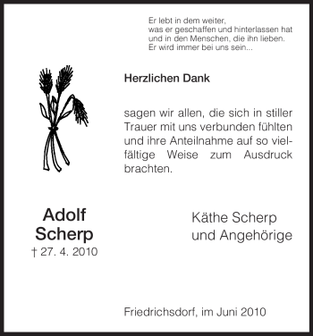 Todesanzeige von Adolf Scherp von HNA