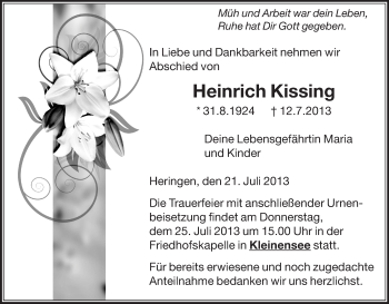 Todesanzeige von Heinrich Kissing von etm