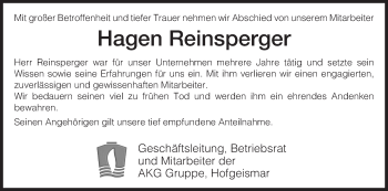 Todesanzeige von Hagen Reinsperger von HNA