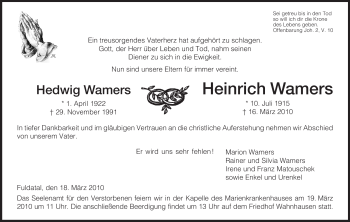 Todesanzeige von Hedwig Wamers von HNA