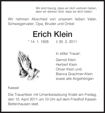 Todesanzeige von Erich Klein von HNA