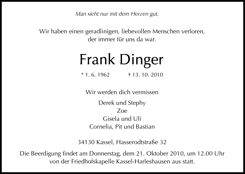  Traueranzeige für Frank Dinger vom 16.10.2010 aus HNA