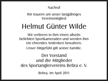 Todesanzeige von Helmut Günter Wilde von HNA