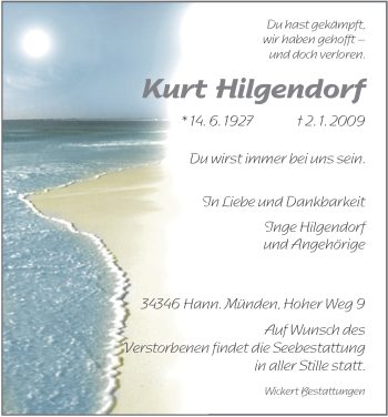 Todesanzeige von Kurt Hilgendorf von HNA