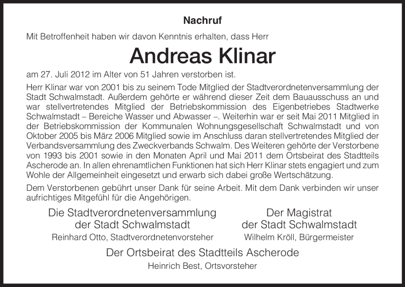  Traueranzeige für Andreas Klinar vom 02.08.2012 aus HNA