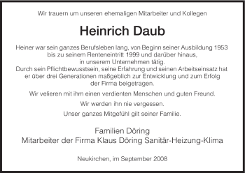 Todesanzeige von Heinrich Daub von HNA