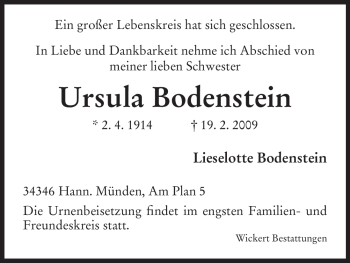 Todesanzeige von Ursula Bodenstein von HNA