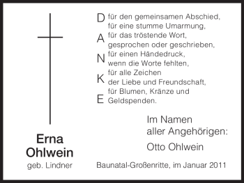 Todesanzeige von Erna Ohlwein von HNA