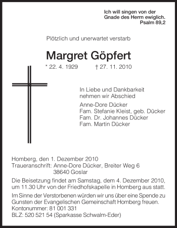 Todesanzeige von Margret Göpfert von HNA