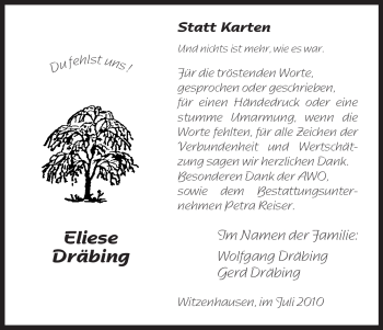 Todesanzeige von Eliese Dräbing von HNA