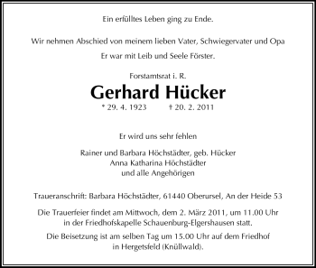 Todesanzeige von Gerhard Hücker von HNA