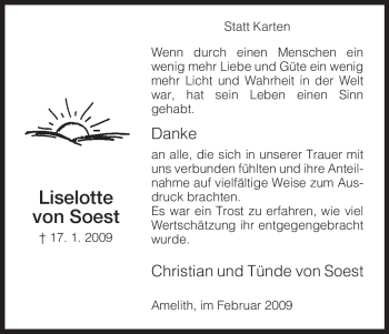 Todesanzeige von Liselotte von Soest von HNA
