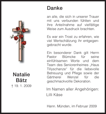 Todesanzeige von Natalie Bätz von HNA