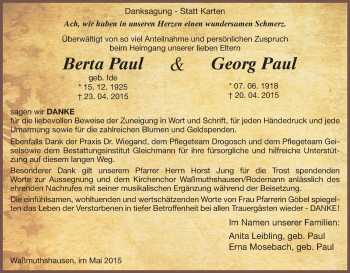 Todesanzeige von Berta und Georg Paul von HNA