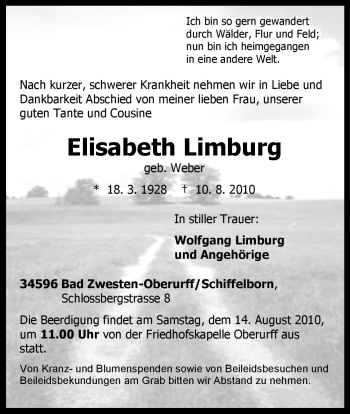 Todesanzeige von Elisabeth Limburg von HNA