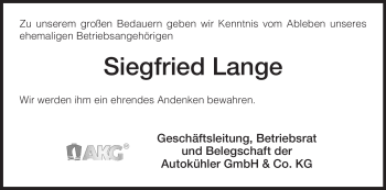 Todesanzeige von Siegfried Lange von HNA