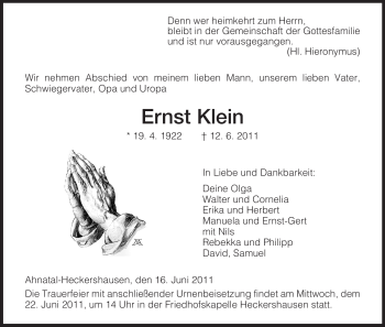 Todesanzeige von Ernst Klein von HNA