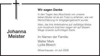 Todesanzeige von Johanna Meister von HNA