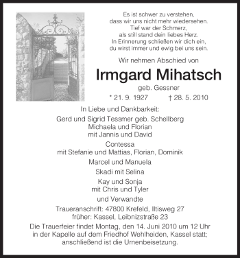 Todesanzeige von Irmgard Mihatsch von HNA