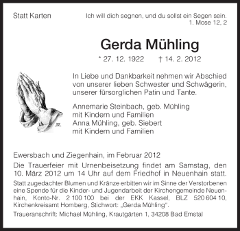 Todesanzeige von Gerda Mühling von HNA