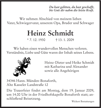 Todesanzeige von Heinz Schmidt von HNA