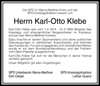 Todesanzeige von Karl-Otto Klebe von HNA