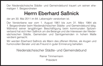 Todesanzeige von Eberhard Saßnick von HNA