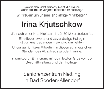 Todesanzeige von Irina Krjutschkow von HNA