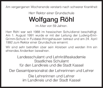 Todesanzeige von Wolfgang Röhl von HNA