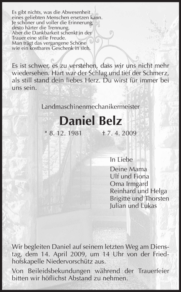  Traueranzeige für Daniel Belz vom 11.04.2009 aus HNA