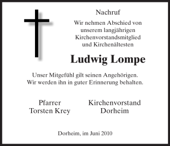 Todesanzeige von Ludwig Lompe von HNA