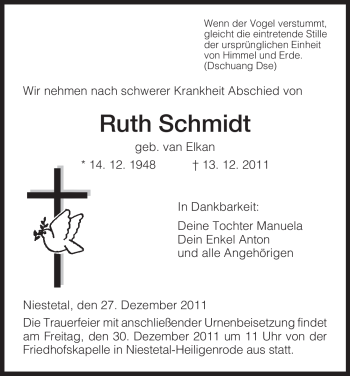 Todesanzeige von Ruth Schmidt von HNA