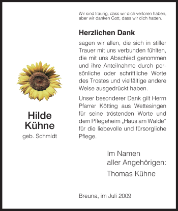 Todesanzeige von Hilde Kühne von HNA