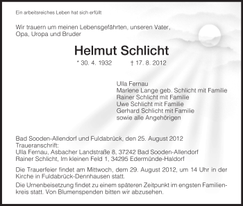 Todesanzeige von Helmut Schlicht von HNA