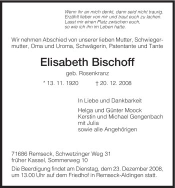 Todesanzeige von Elisabeth Bischoff von HNA