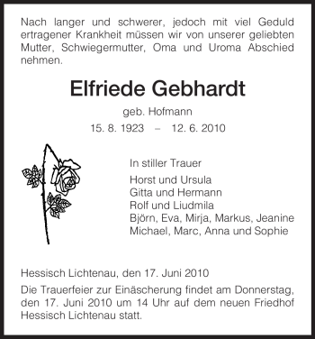 Todesanzeige von Elfriede Gebhardt von HNA