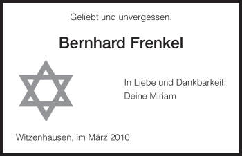 Todesanzeige von Bernhard Frenkel von HNA