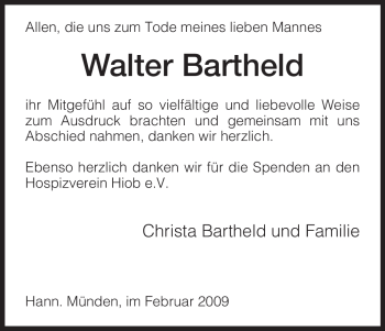Todesanzeige von Walter Bartheld von HNA