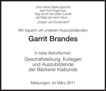 Todesanzeige von Garrit Brandes von HNA