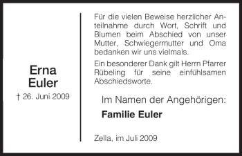 Todesanzeige von Erna Euler von HNA