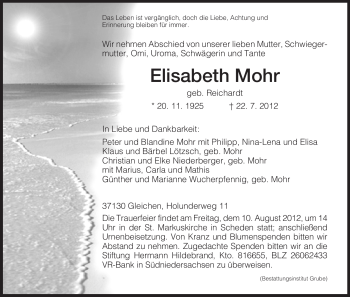 Todesanzeige von Elisabeth Mohr von HNA