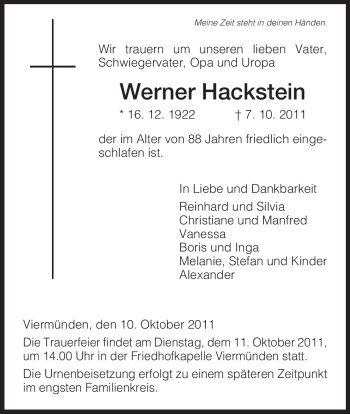 Todesanzeige von Werner Hackstein von HNA