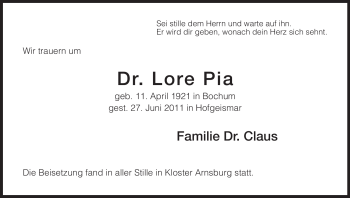 Todesanzeige von Pia Lore von HNA