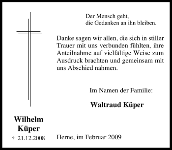 Todesanzeige von Wilhelm Küper von HNA