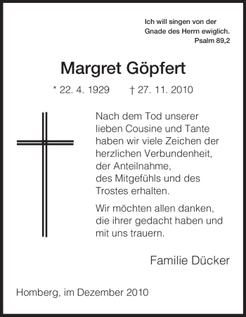 Todesanzeige von Margret Göpfert von HNA
