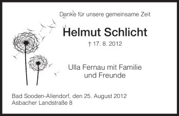 Todesanzeige von Helmut Schlicht von HNA