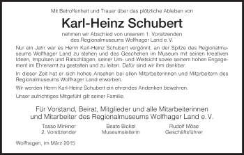 Todesanzeige von Karl-Heinz Schubert von HNA