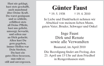 Todesanzeige von Günter Faust von HNA