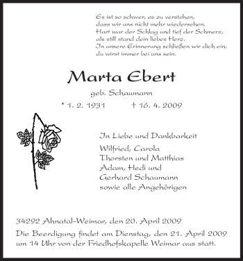 Todesanzeige von Marta Ebert von HNA